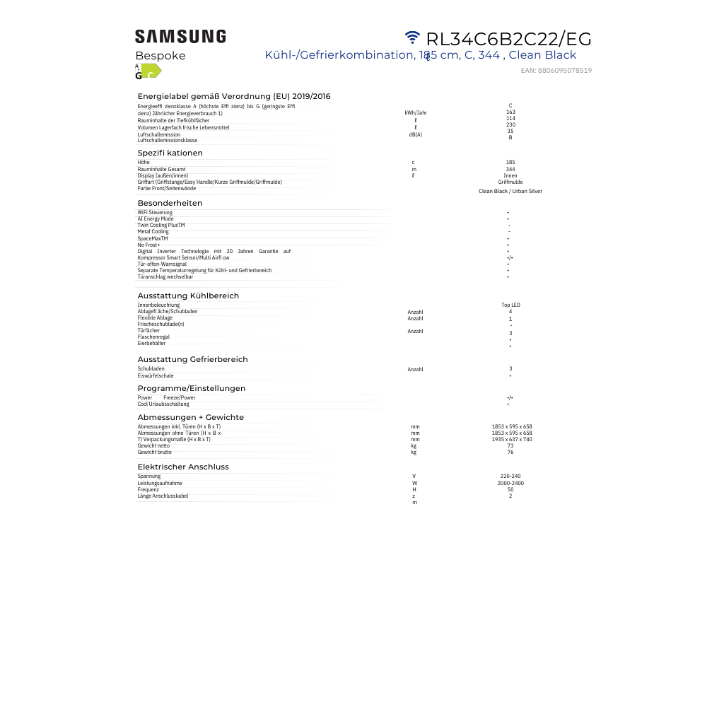 Samsung 185 cm - RL34C6B2C22EG Kühl- Gefrierkombination - Clean Black -  NoFrost+