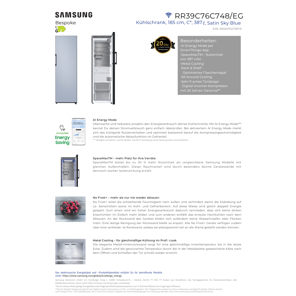 Samsung 186 cm RR39C76C748/EG Stand-Kühlschrank - Satin Sky Blue