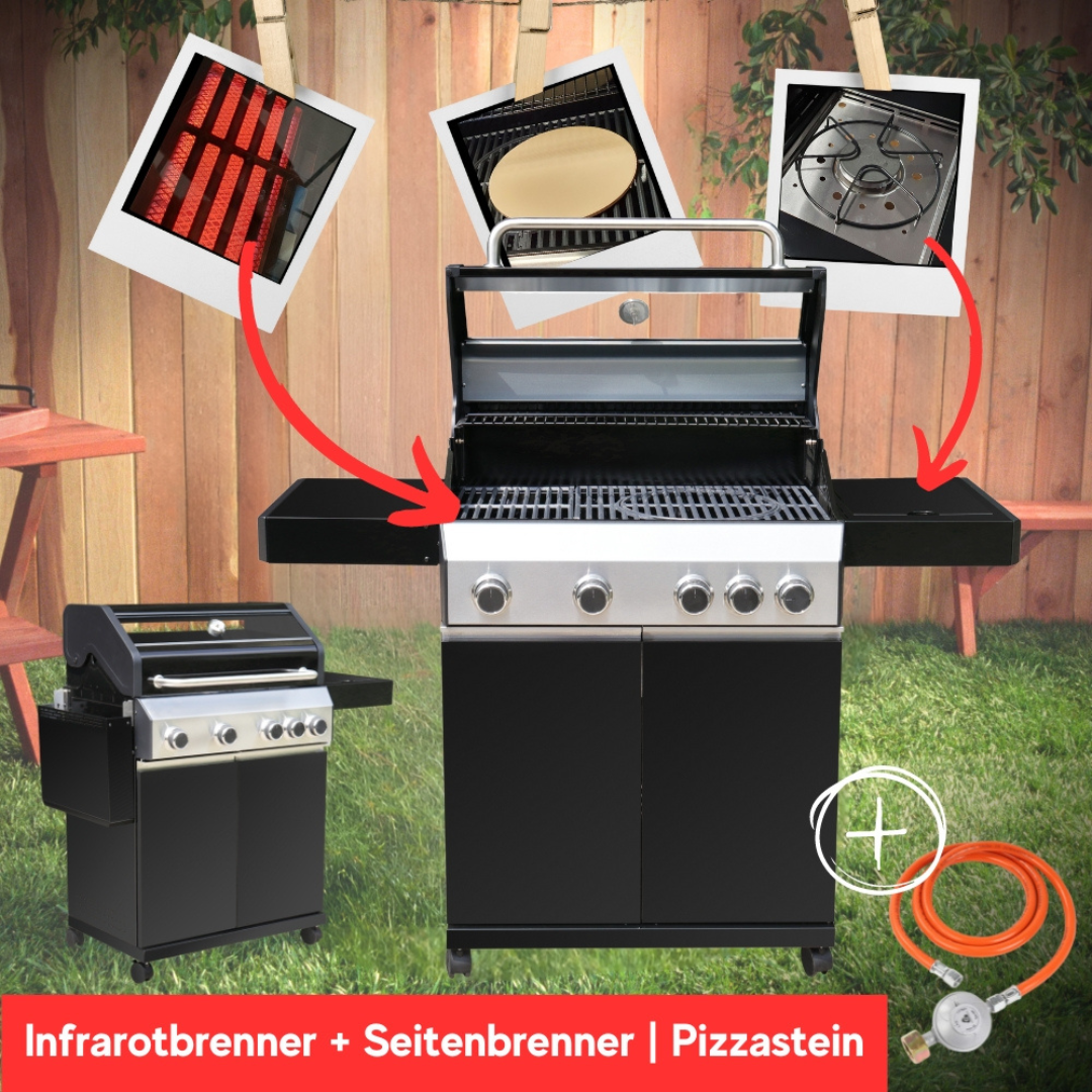 FireKING Monthey IV S 4-Brenner Gas-Grill + Seitenbrenner - inkl. Pizzastein und Grillplatte
