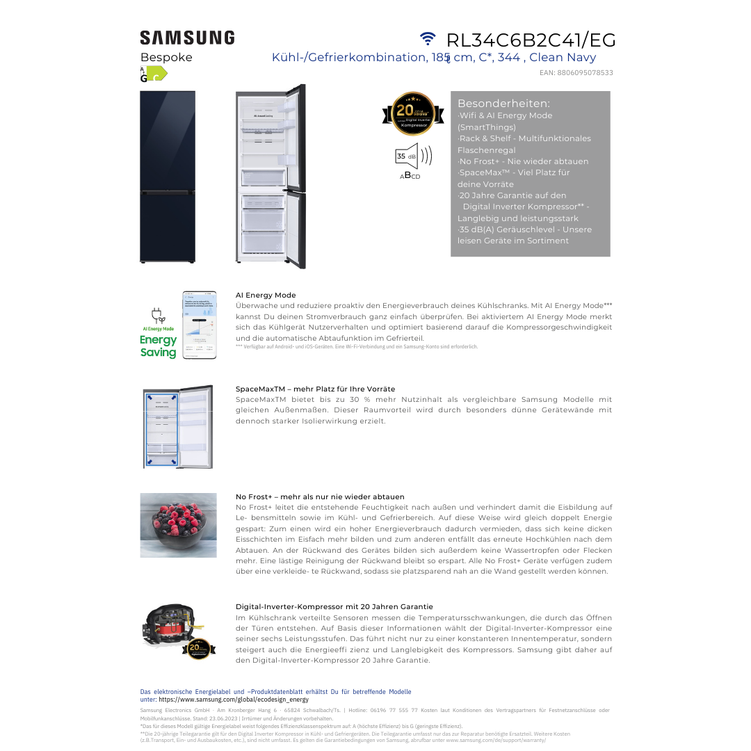 Samsung Kühl- Gefrierkombination - Clean Navy - 185 cm - NoFrost+ RL34C6B2C41EG
