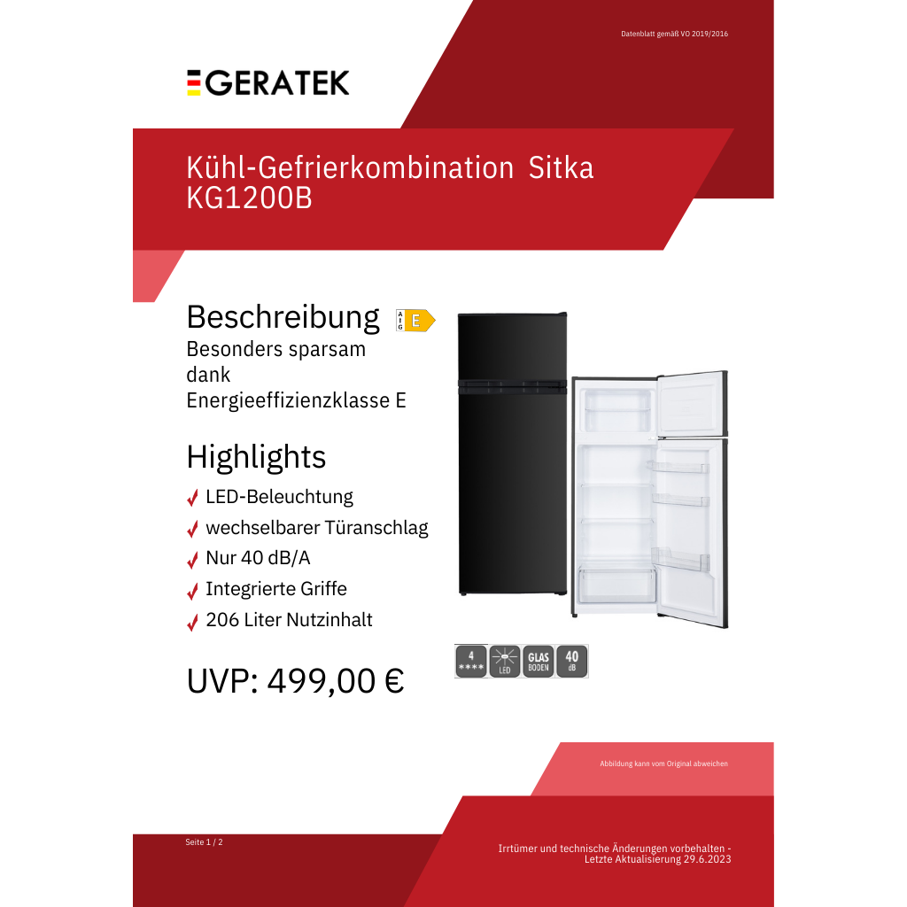 Geratek Sitka KG 1200 B *E* Kühl-/ Gefrierkombination schwarz - 143 cm ** NEU: EEK: E **