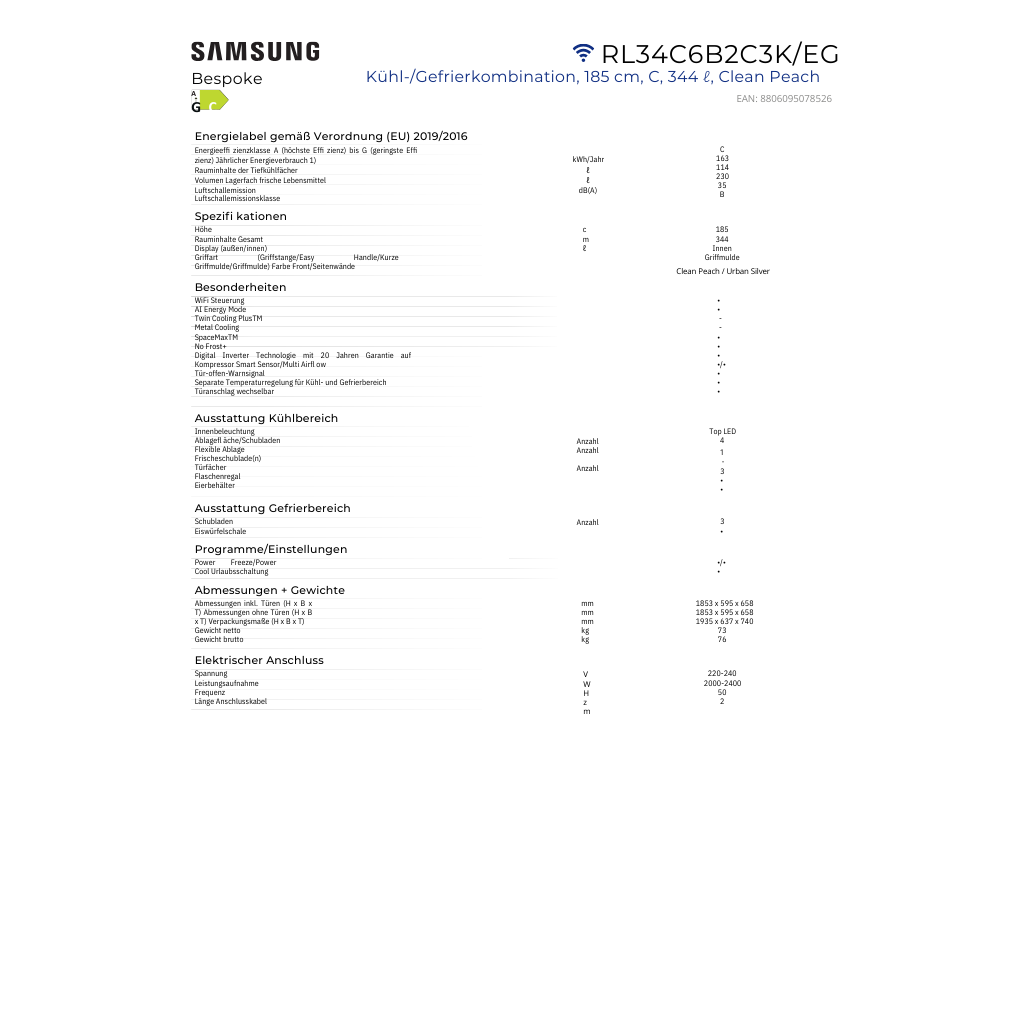 Samsung 185 cm -  RL34C6B2C3K/EG Kühl-/ Gefrierkombination - Clean Peach - NoFrost+