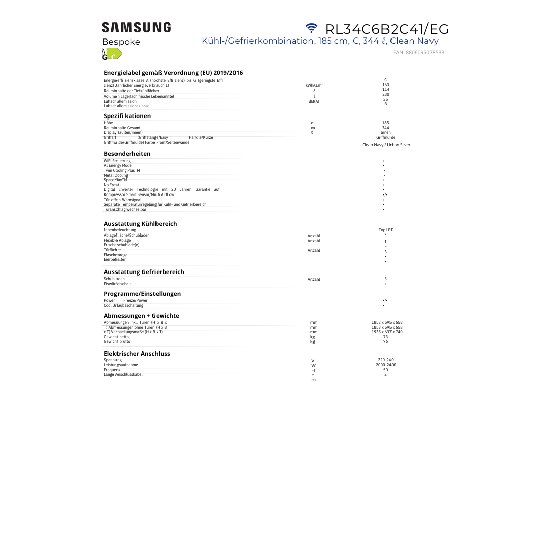 Samsung Kühl- Gefrierkombination - Clean Navy - 185 cm - NoFrost+ RL34C6B2C41EG