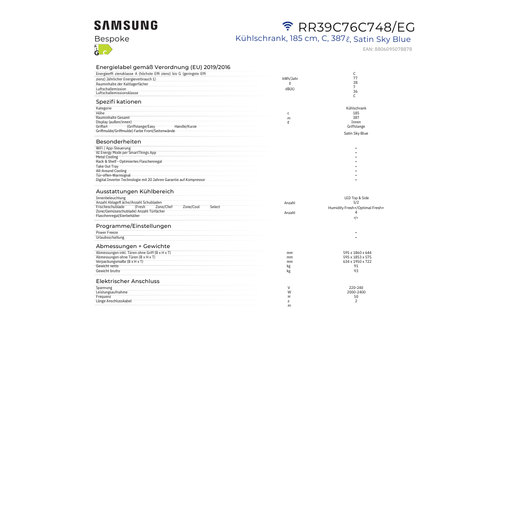 Samsung 186 cm RR39C76C748/EG Stand-Kühlschrank - Satin Sky Blue