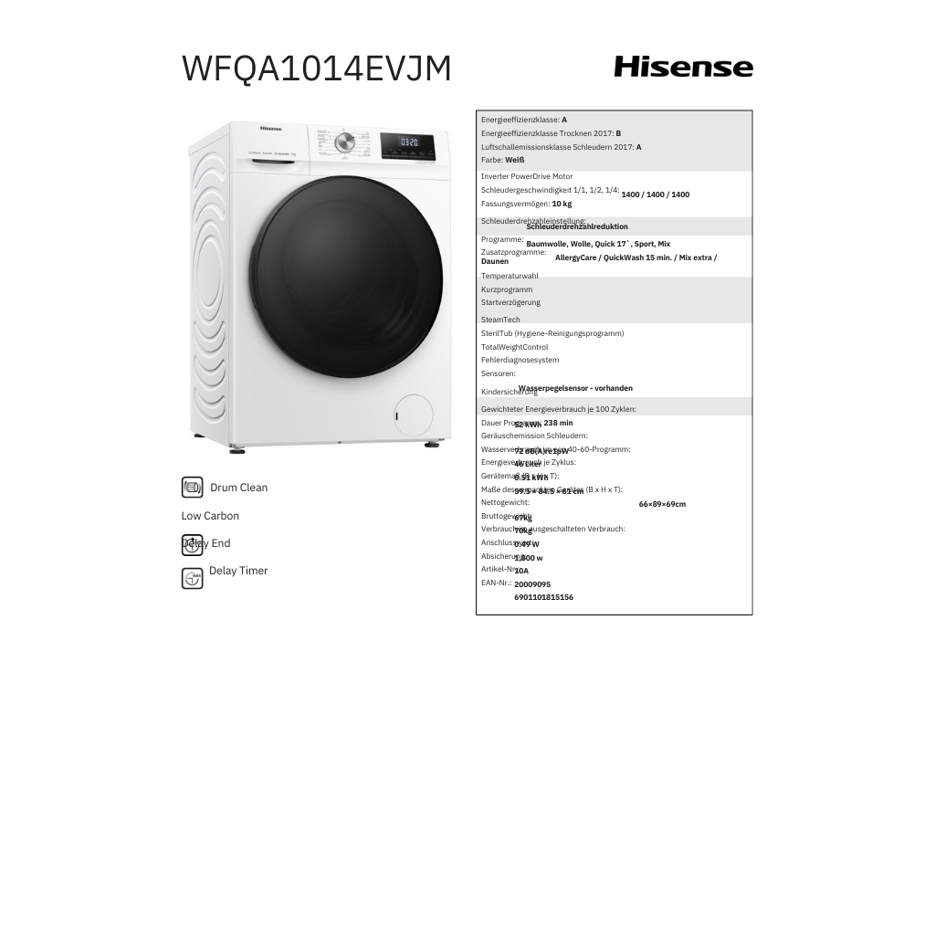Hisense 10 kg Waschmaschine - 1400 U | WFQA 1014 EVJM *A*